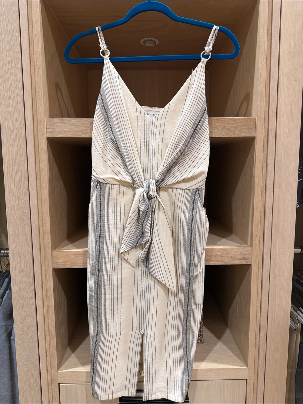 Reiss Cream and Gray Striped Tie-Front Slip Dress. With Pockets.